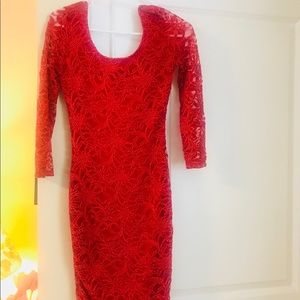Red bodycon dress with lace detailing
